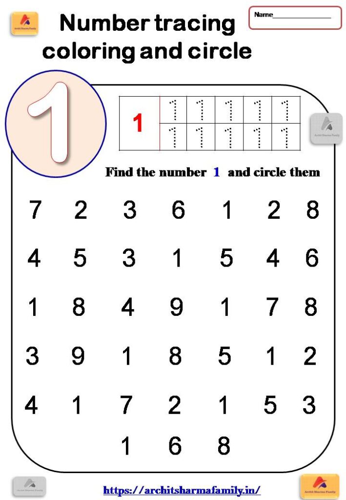 1 (one) number tracing and circle worksheet