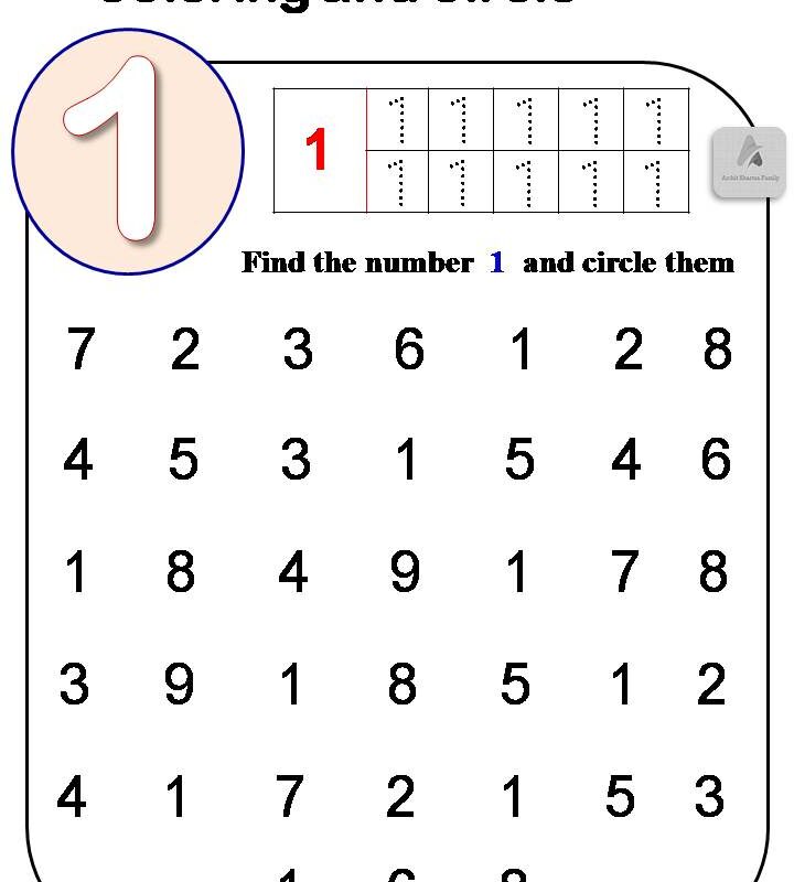 1 (one) number tracing and circle worksheet