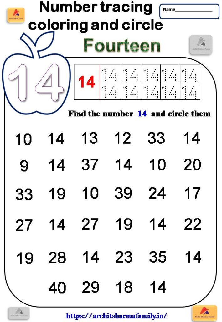 14 (fourteen) number tracing and circle worksheet