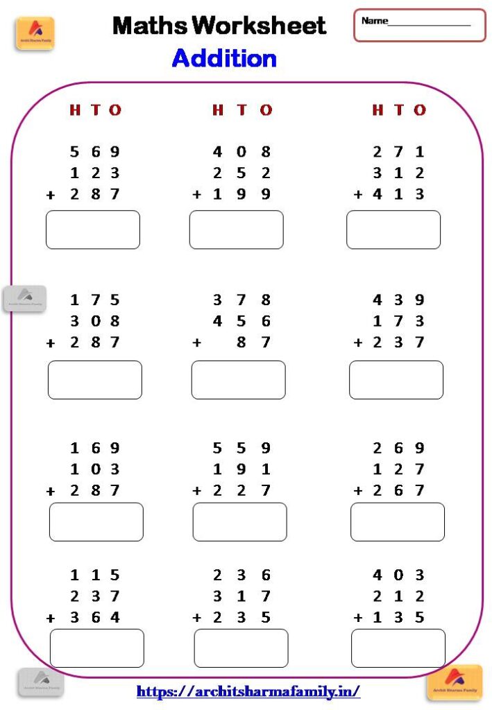 3 digit addition worksheet