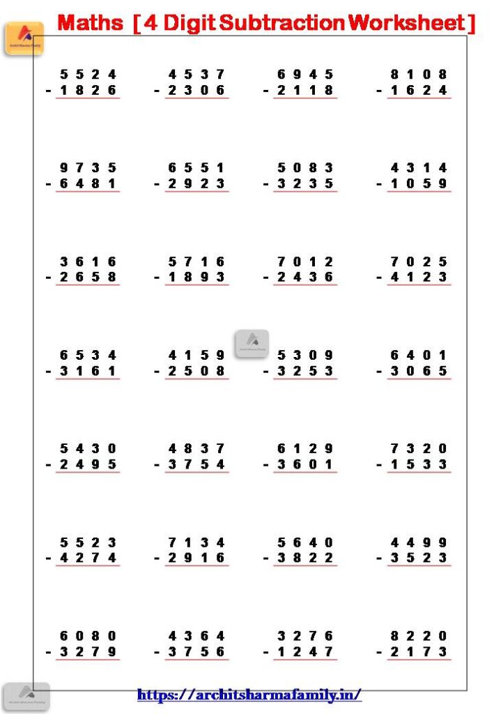 4 digit subtraction worksheet 3