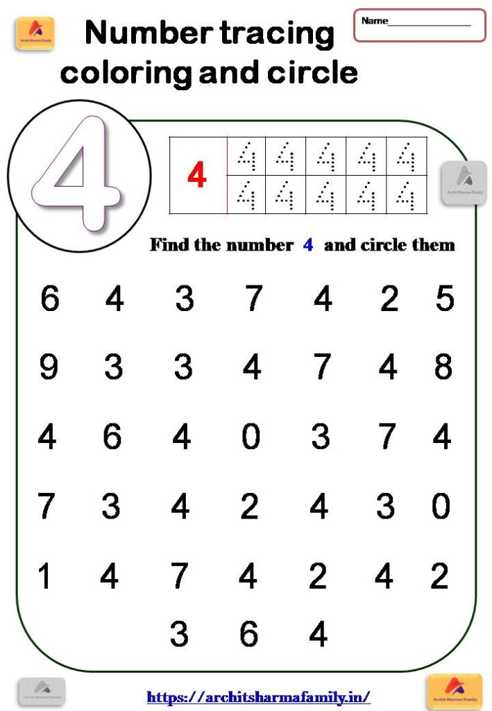 4 (four) number tracing and circle worksheet