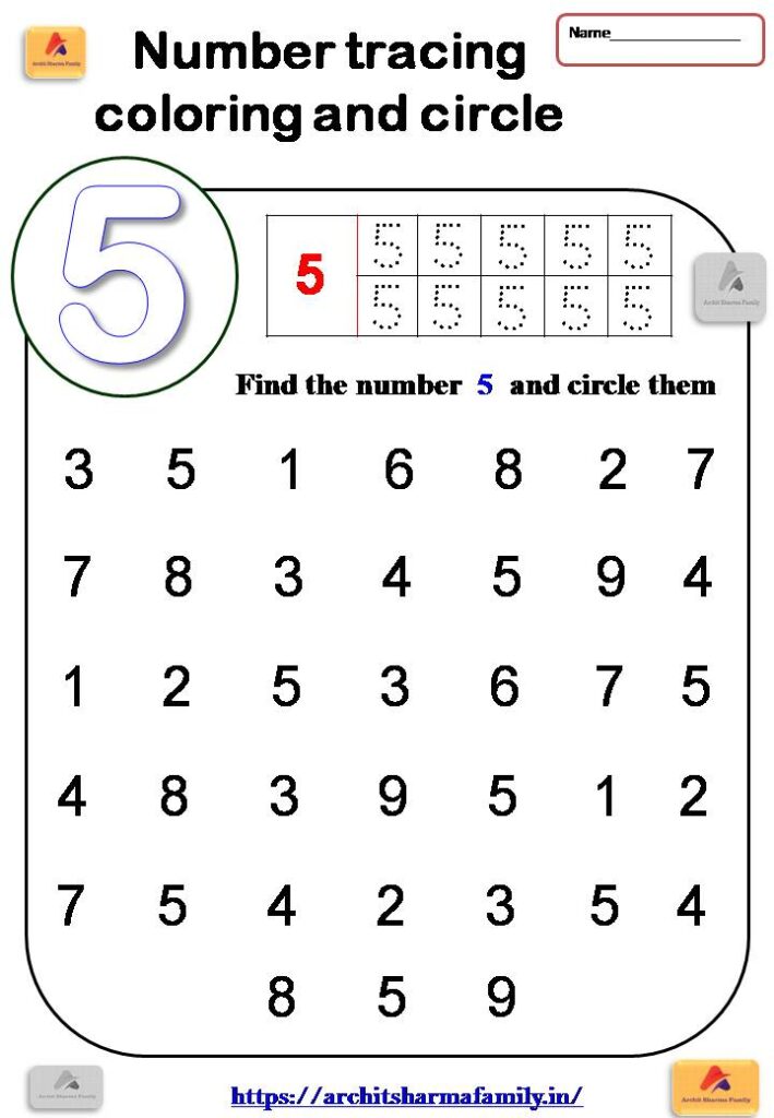 5 (five) number tracing and circle worksheet