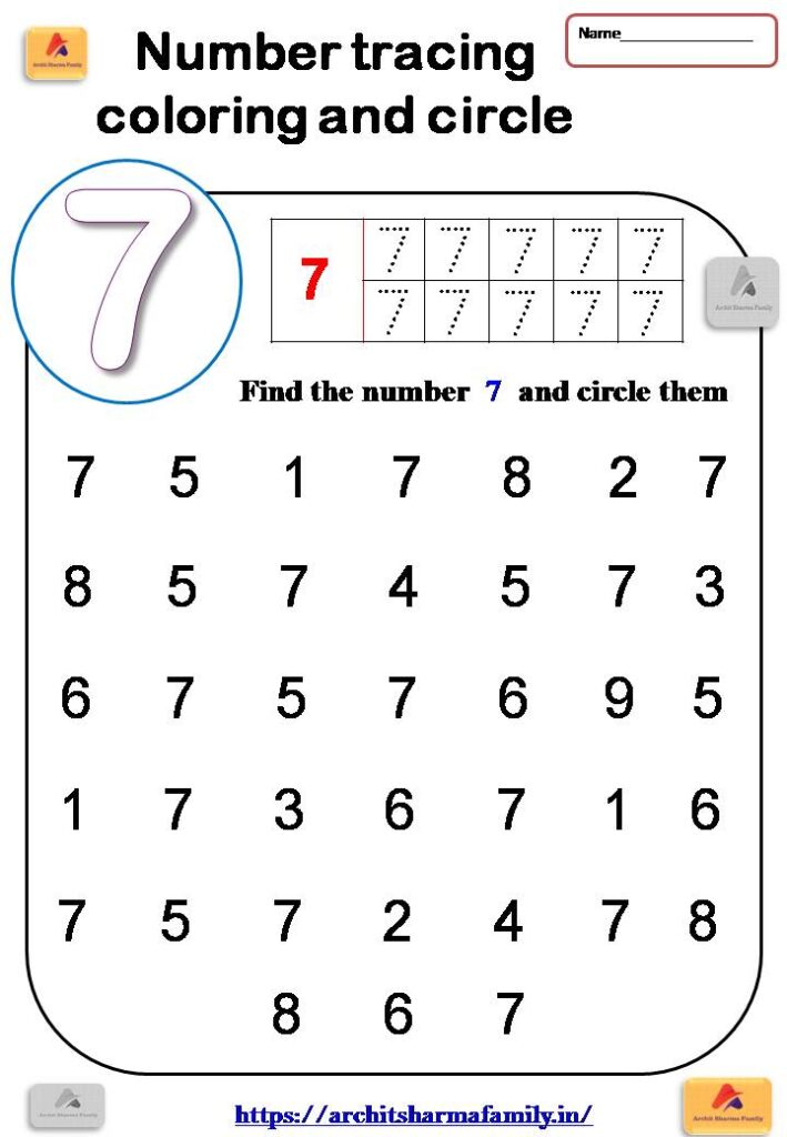 7 (seven) number tracing and circle worksheet