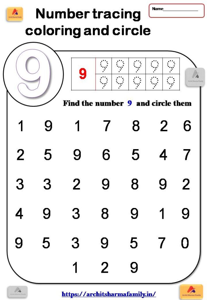 9 (nine) number tracing and circle worksheet