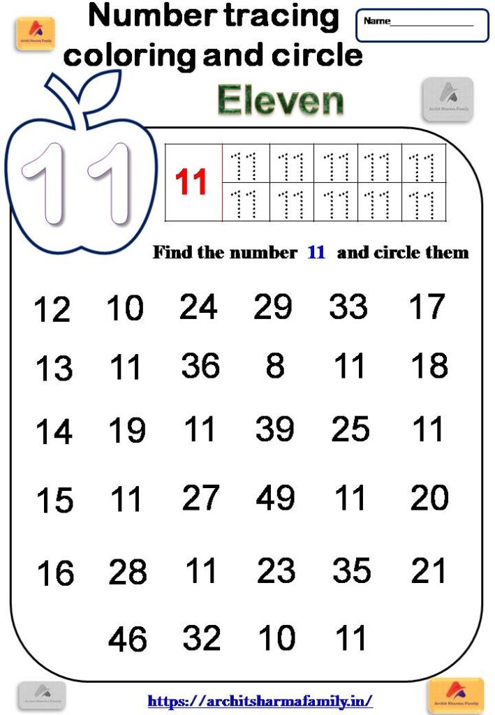 11 (eleven) tracing and circle worksheet