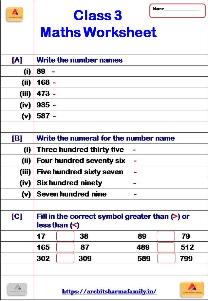 Maths Worksheet Number Names, greater than and less than sheet