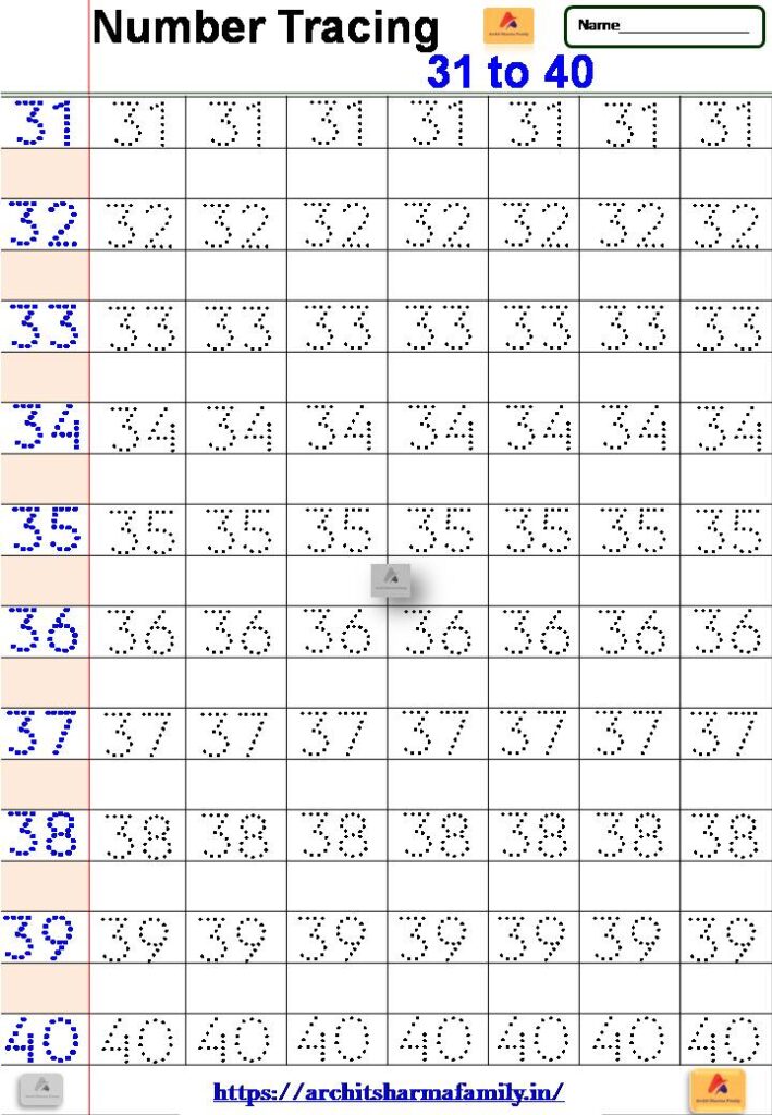 Number Tracing Worksheet 31 To 40