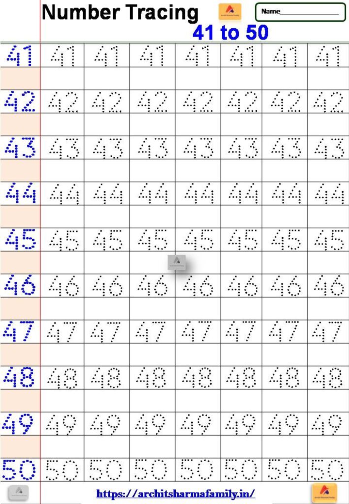 Number Tracing Worksheet 41 To 50