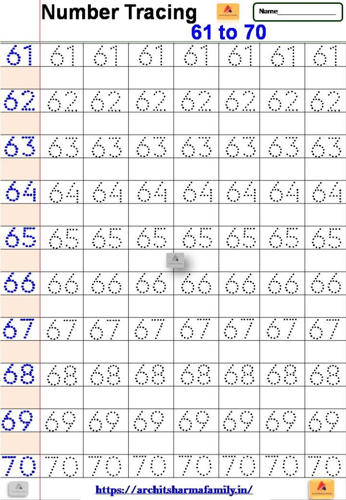 Number Tracing Worksheet 61 To 70