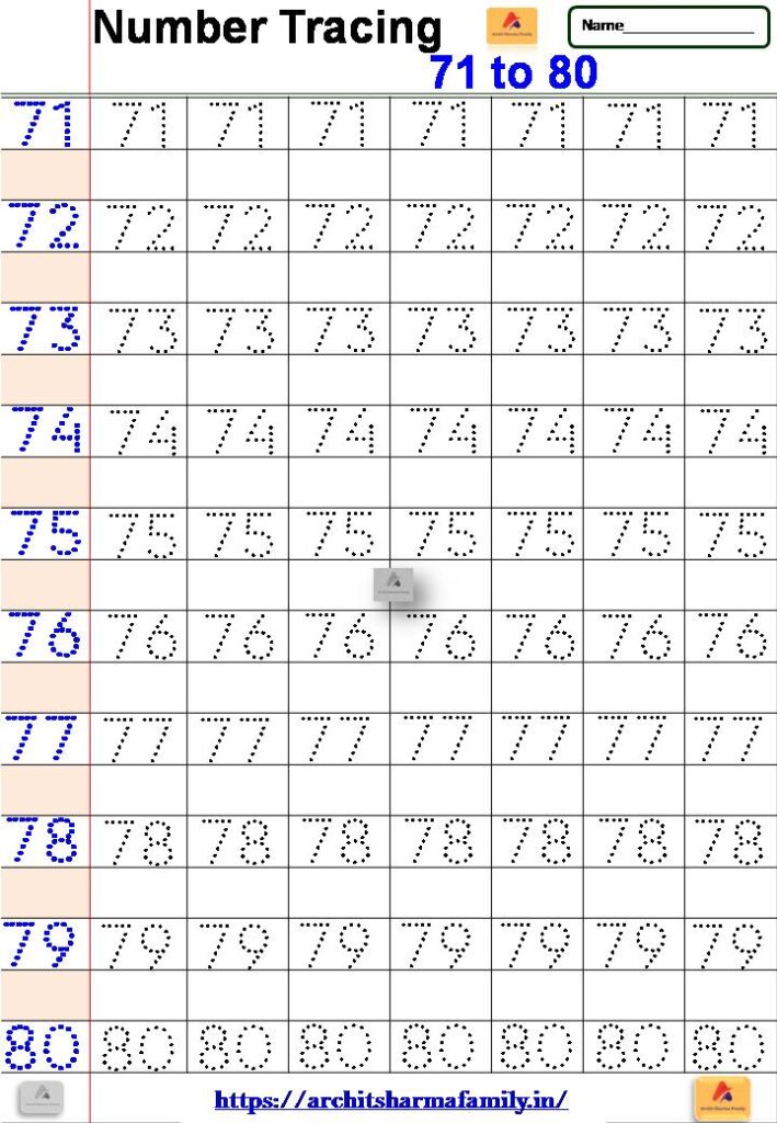 Number Tracing Worksheet 71 To 80