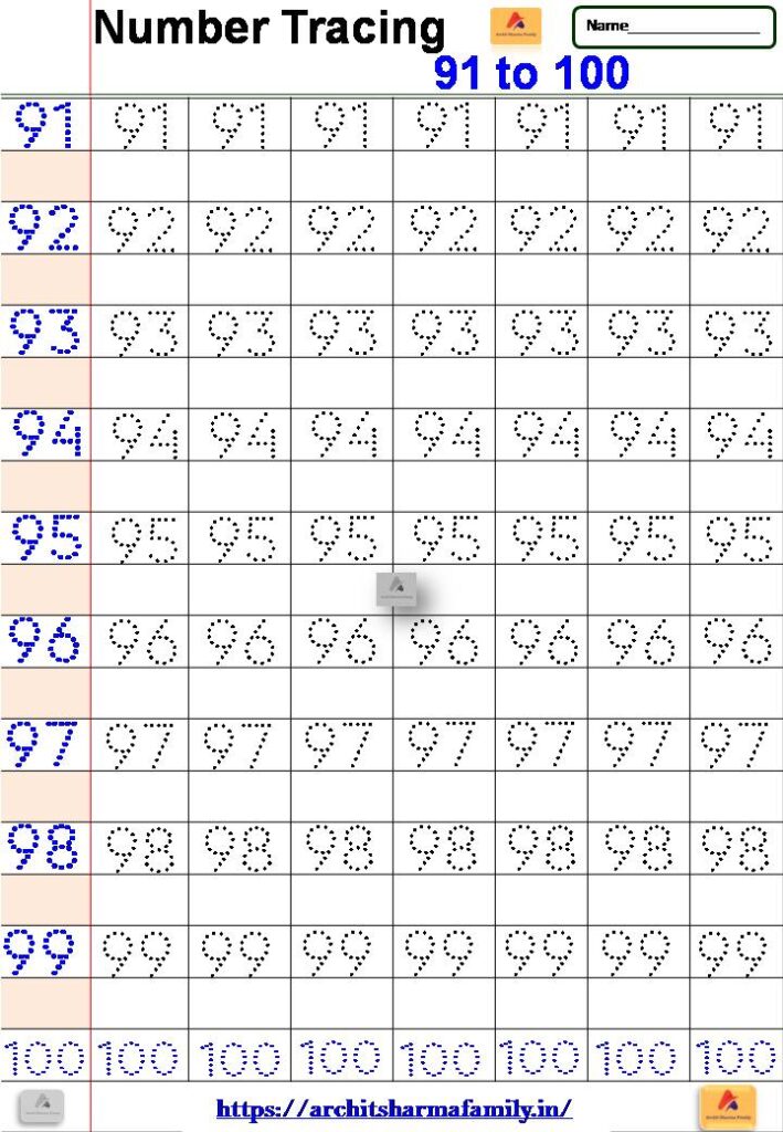 Number Tracing Worksheet 91 To 100