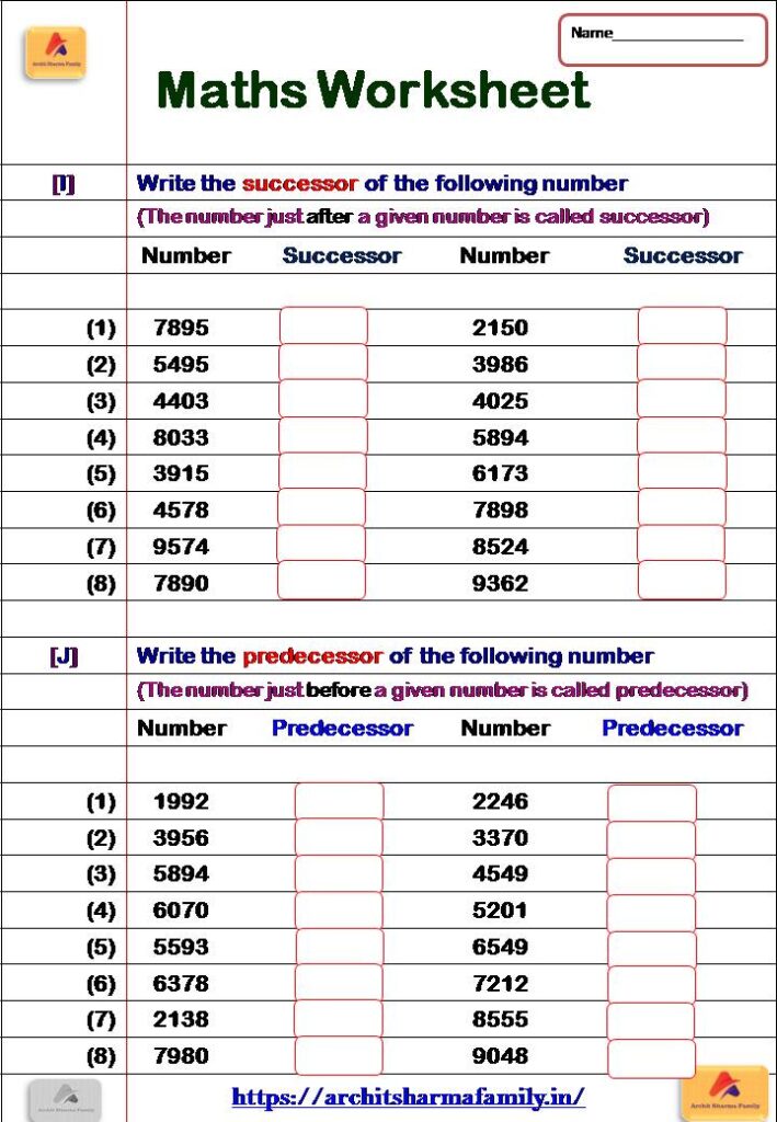 successor and predecessor worksheet