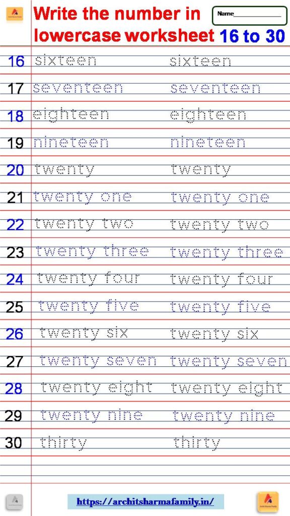 Write The Number Name In Lowercase Worksheet 16 To 30