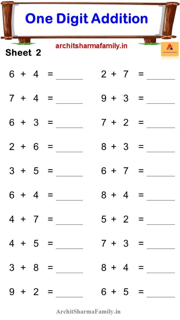 1 Digit Addition Worksheet 2