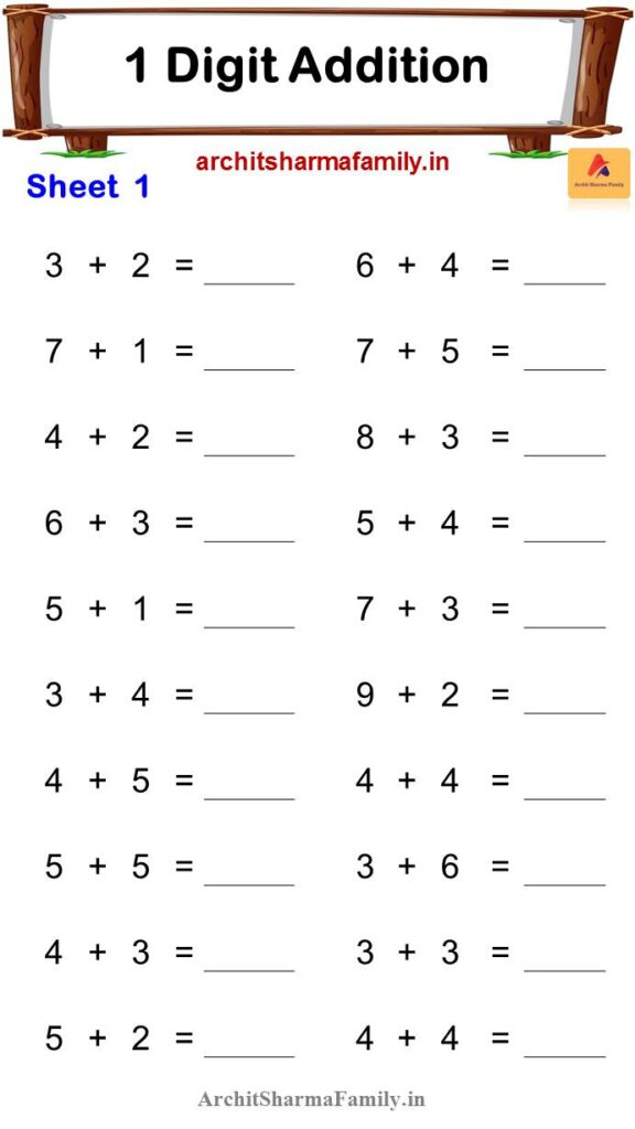 One Digit Addition Worksheet 1