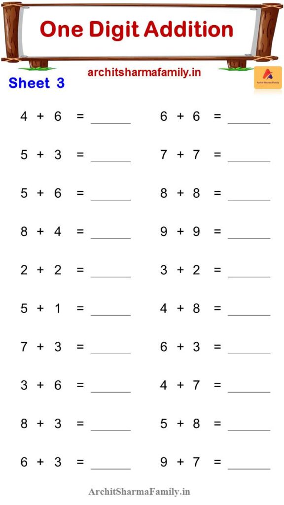 One Digit Addition Worksheet 3