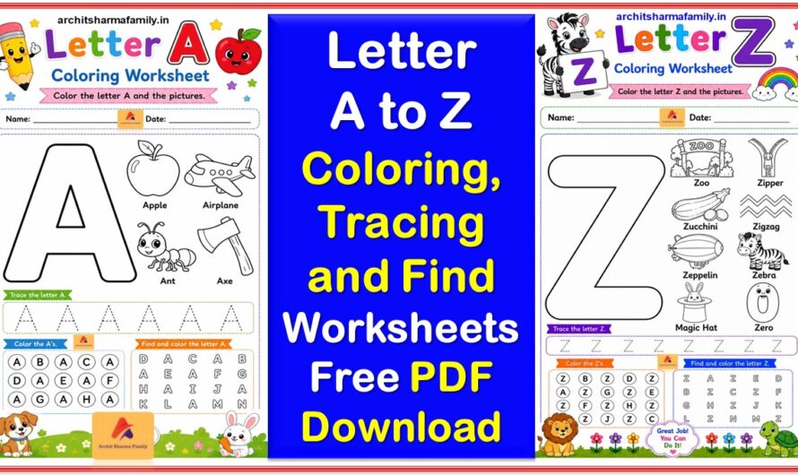 Letter A to Z coloring, trace and find printable worksheets