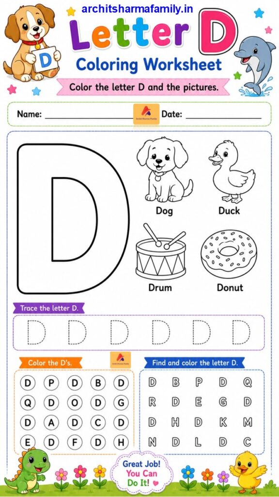 Letter D Worksheet Coloring Trace and Find