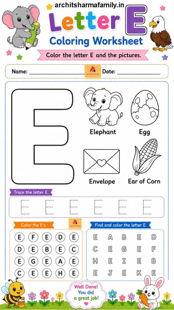 Letter E Worksheet Coloring Trace and Find