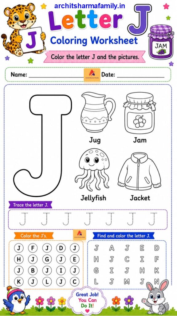 Letter J Worksheet Coloring Trace and Find