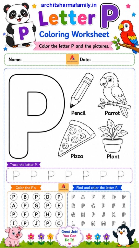 Letter P Worksheet Coloring Trace and Find