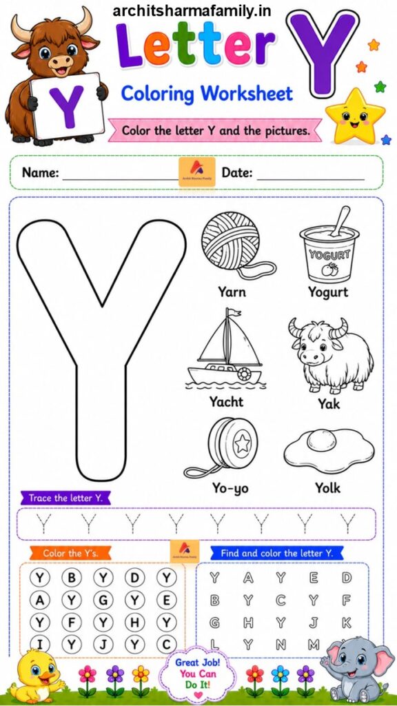 Letter Y Worksheet Coloring Trace and Find