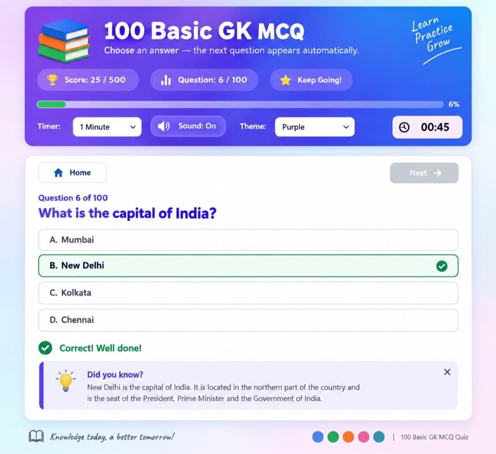 Basic GK 100 MCQ Online Mocktest