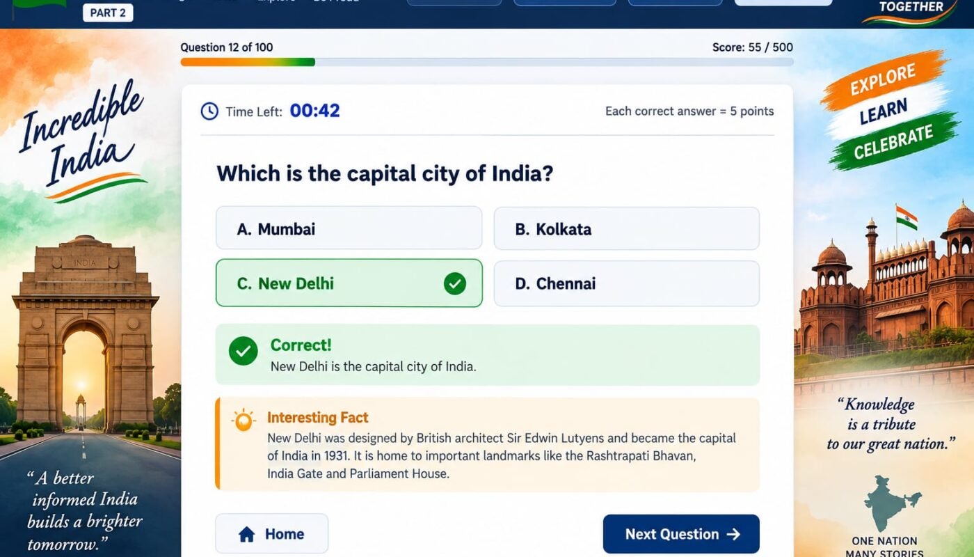 India 100 GK MCQ Part 2 Online Mock Test