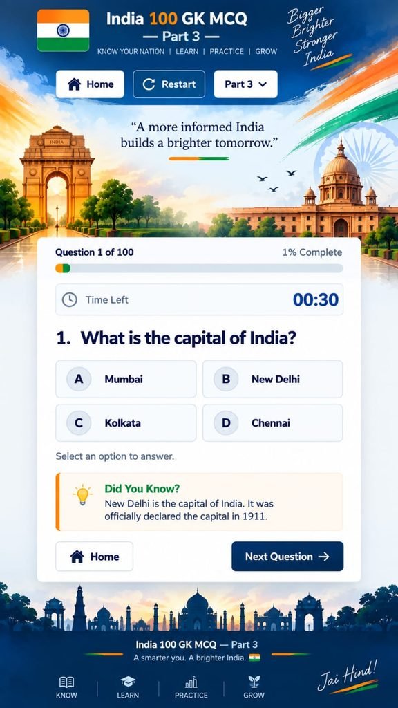 India 100 GK MCQ Part 3