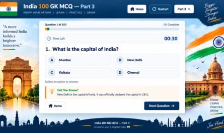 India 100 GK MCQ Part 3 Mock test