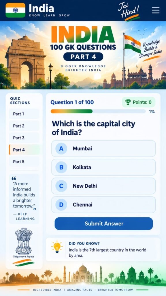 India 100 GK MCQ Part 4