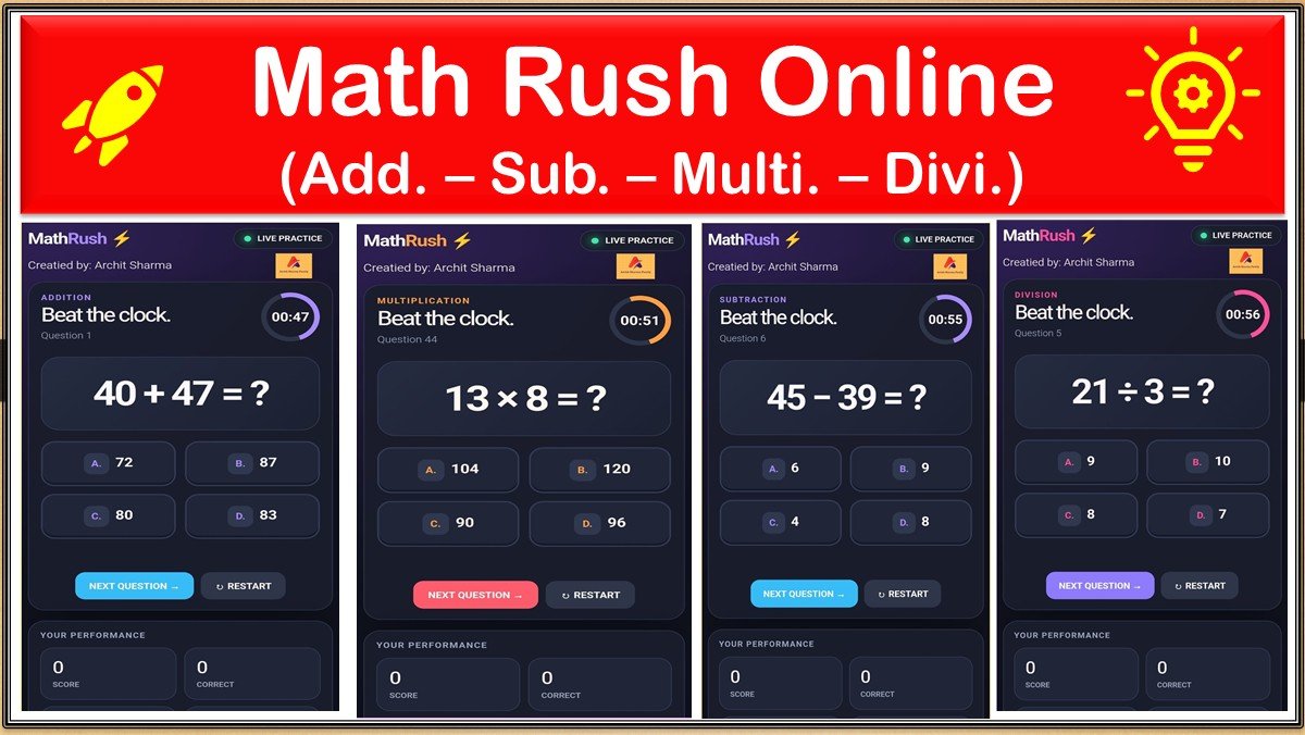 Math Rush Addition, Subtraction, Multiplication & Division Online Game Test